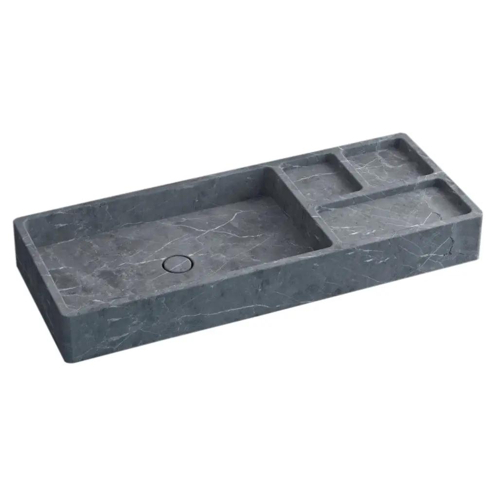 Tundra Gray Marble Wall Mount Rectangular Sink Handcrafted Modern Design 40x16x5 by GobekDesign