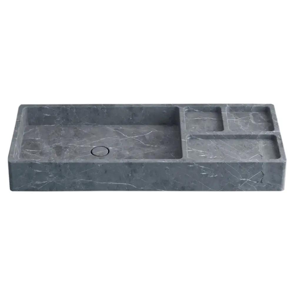 Tundra Gray Marble Wall Mount Rectangular Sink Handcrafted Modern Design 40x16x5 by GobekDesign