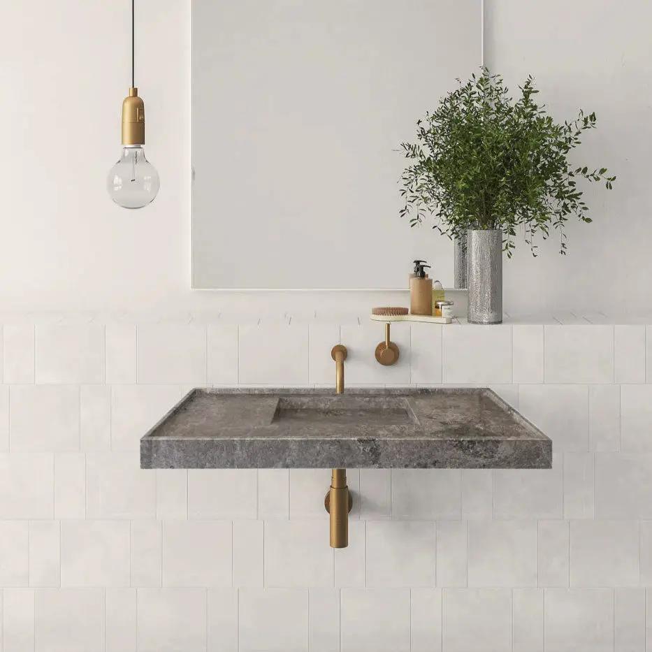 Tundra Grey Marble Rectangular Wall-Mount Bathroom Sink with Hidden Drain 48x20x5 by GobekDesign
