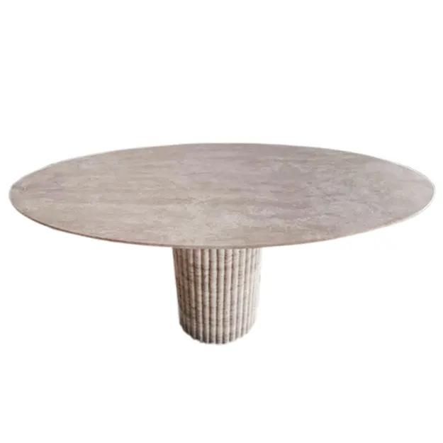 Tuscany Beige Travertine Handcrafted Oval Coffee Table Fluted Legs 24x50 by GobekDesign