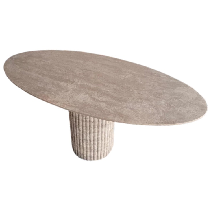 Tuscany Beige Travertine Vein-cut Oval Shape Coffee Table Fluted Leg (W)24" (L)50" (H)23" by GobekDesign