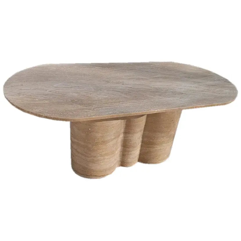 Beige Travertine Vein-Cut Oval Coffee Table with Sculptural Wavy Legs 20W x 40L x 18H by GobekDesign