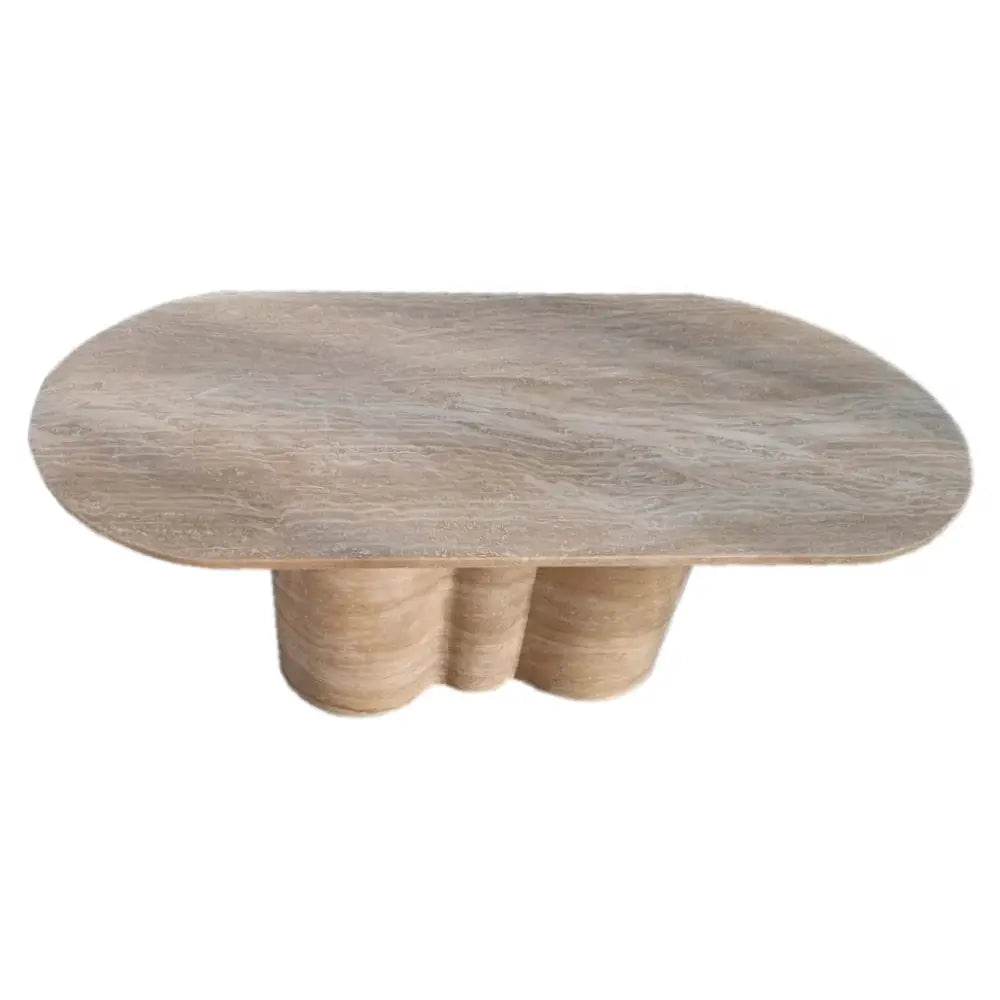 Beige Travertine Vein-Cut Oval Coffee Table with Sculptural Wavy Legs 20W x 40L x 18H by GobekDesign