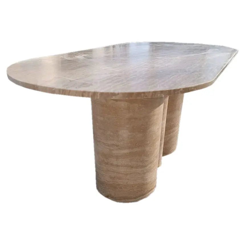 Beige Travertine Vein-Cut Oval Coffee Table with Sculptural Wavy Legs 20W x 40L x 18H by GobekDesign