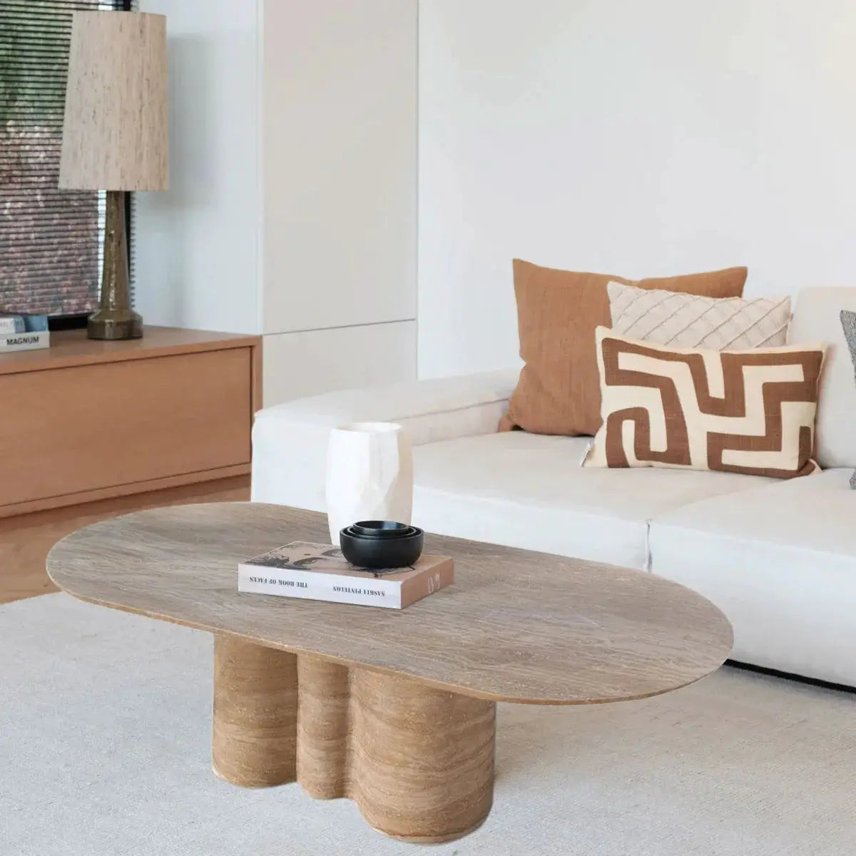 Beige Travertine Vein-Cut Oval Coffee Table with Sculptural Wavy Legs 20W x 40L x 18H by GobekDesign