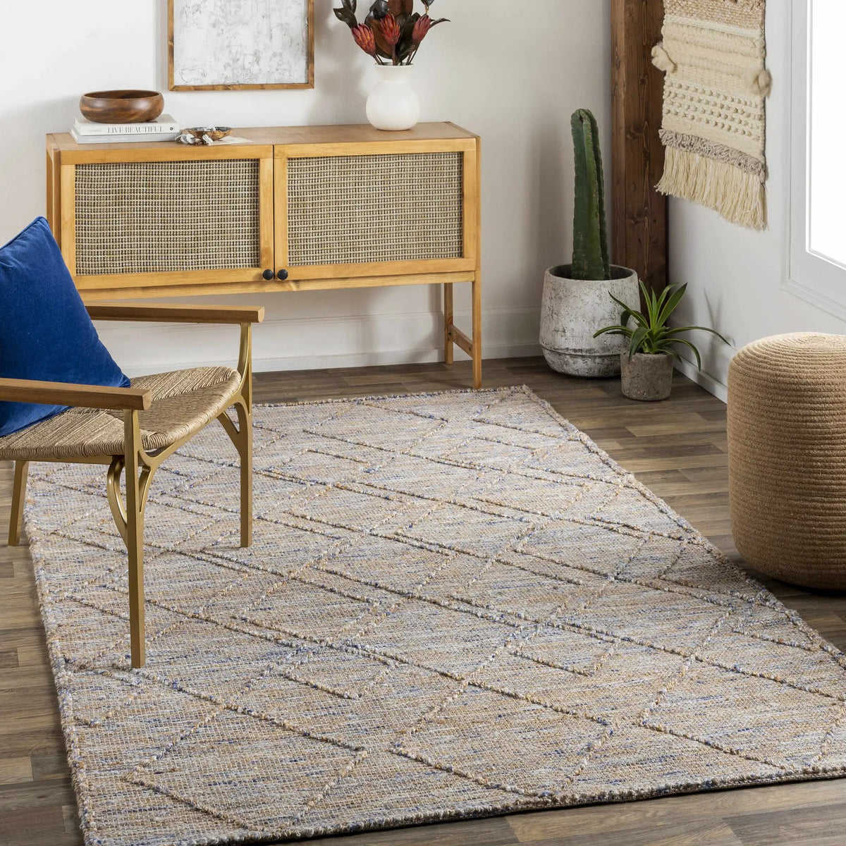 Buse Hand Woven Beige & Blue Area Rug - Clearance, installed in a room