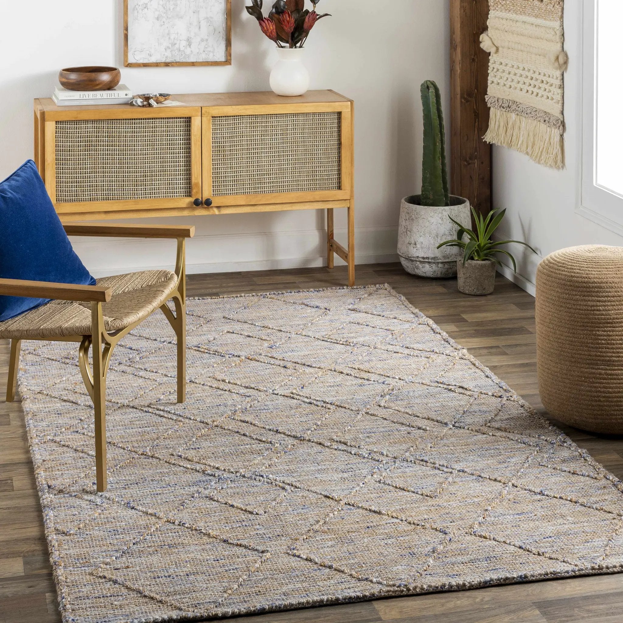 Buse Hand Woven Beige & Blue Area Rug - Clearance by Boutique Rugs
