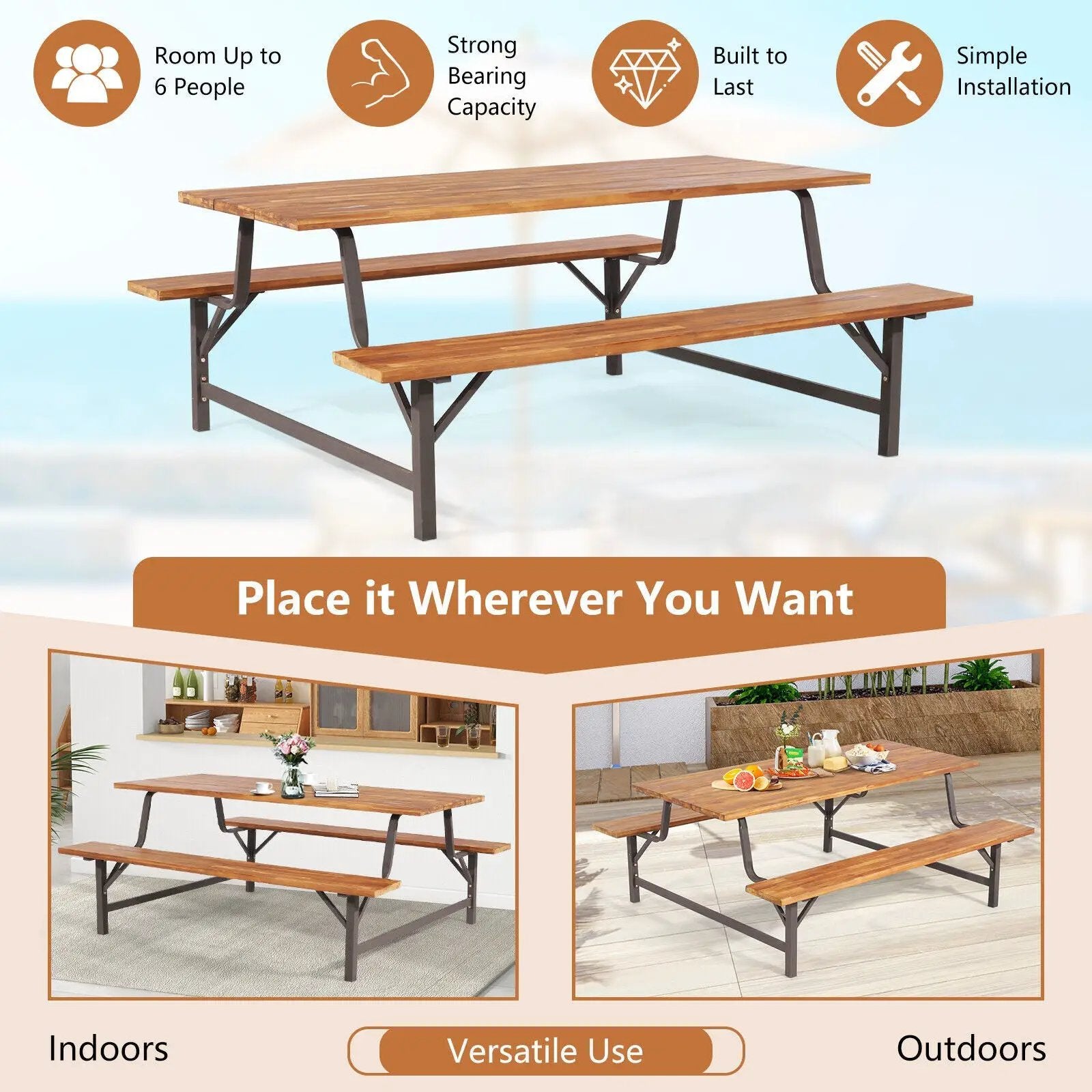 6-Person Outdoor Picnic Table and Bench Set with 2 Inch Umbrella Hole by DirectDeals