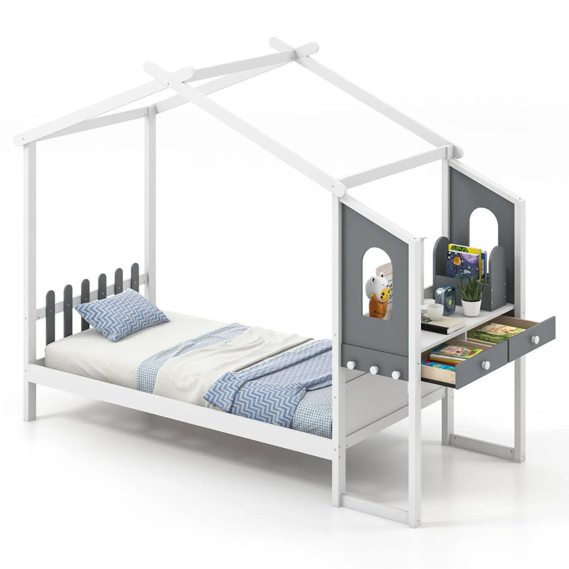 Twin/Full Bed Frame with House Roof Canopy and Fence for Kids by DirectDeals