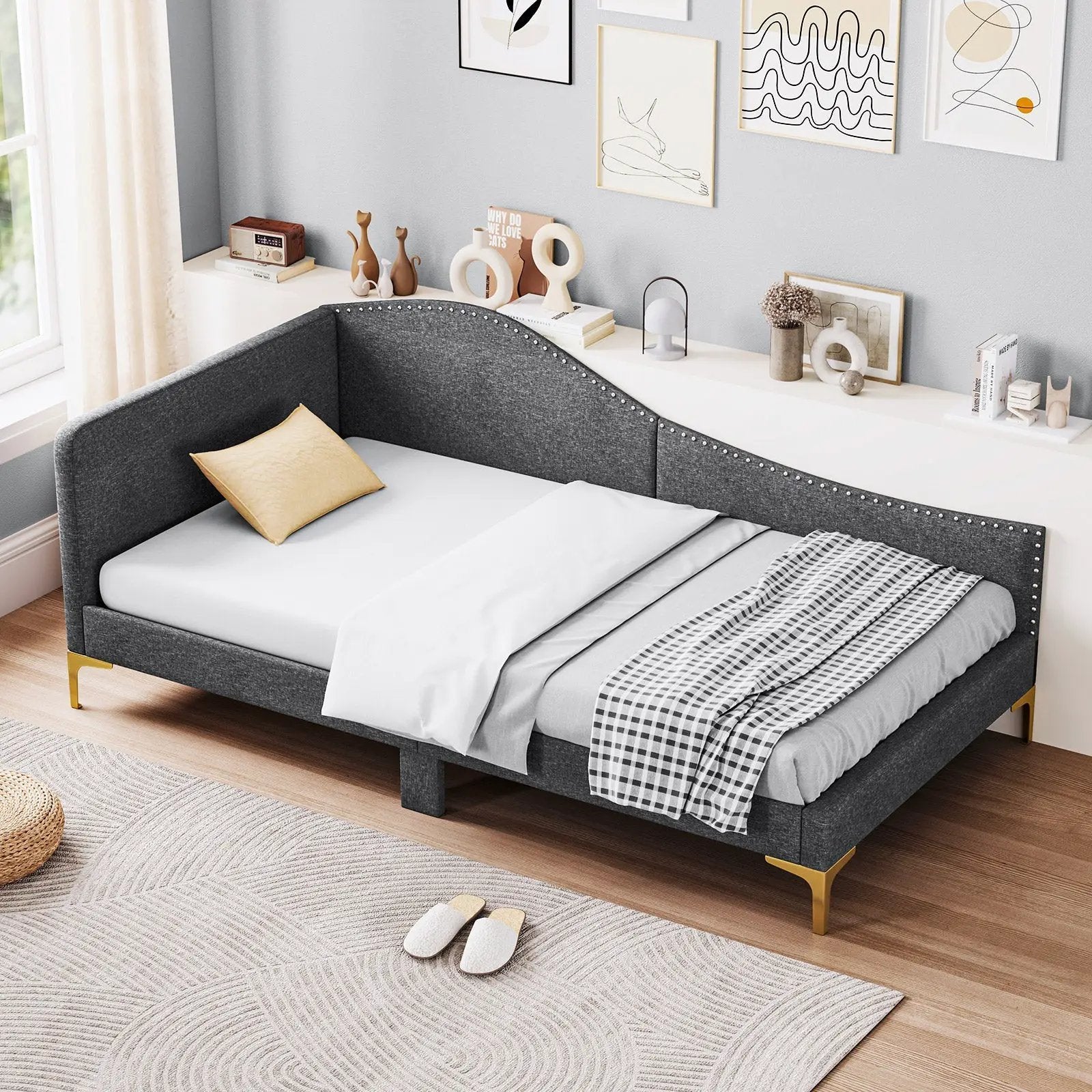 Full/Twin Size Rivet-Tufted Platform Bed with Metal Legs and Wood Slats by DirectDeals