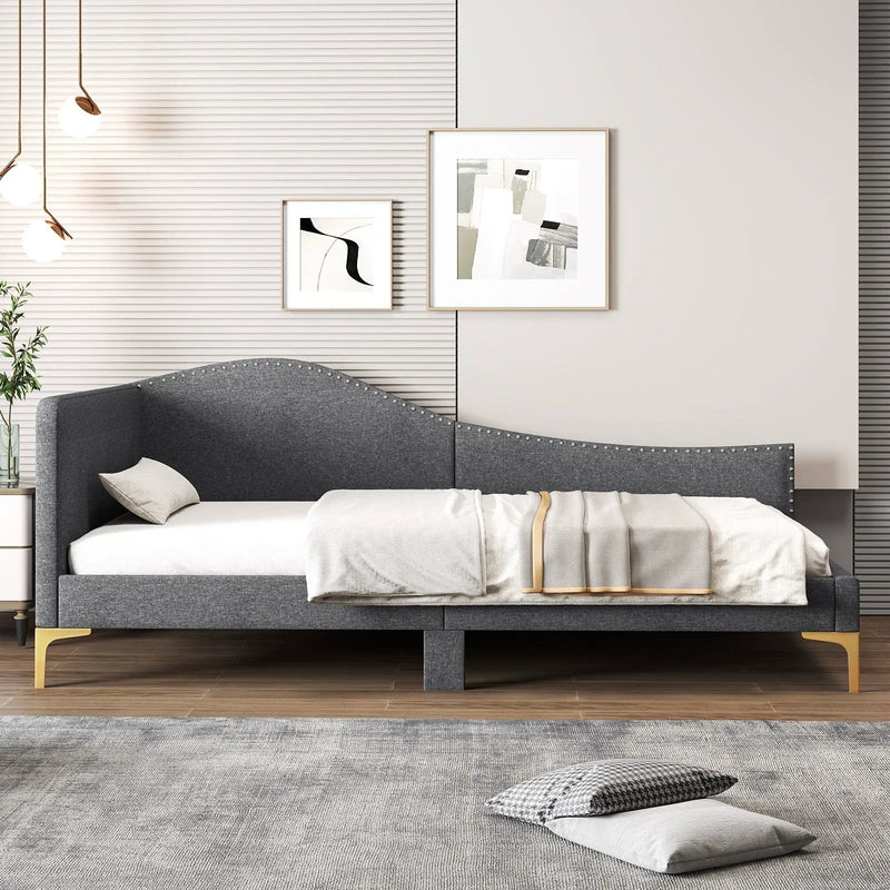 Full/Twin Size Rivet-Tufted Platform Bed with Metal Legs and Wood Slats by DirectDeals