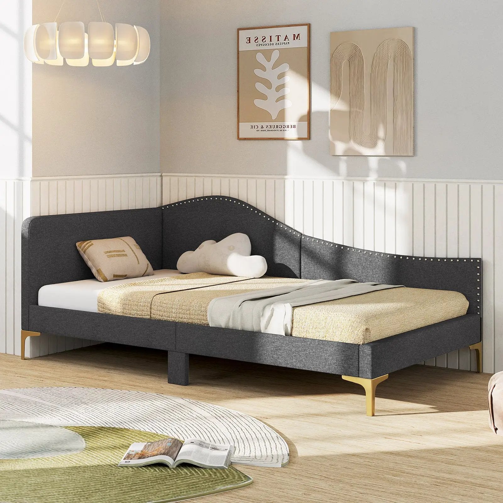 Full/Twin Size Rivet-Tufted Platform Bed with Metal Legs and Wood Slats by DirectDeals