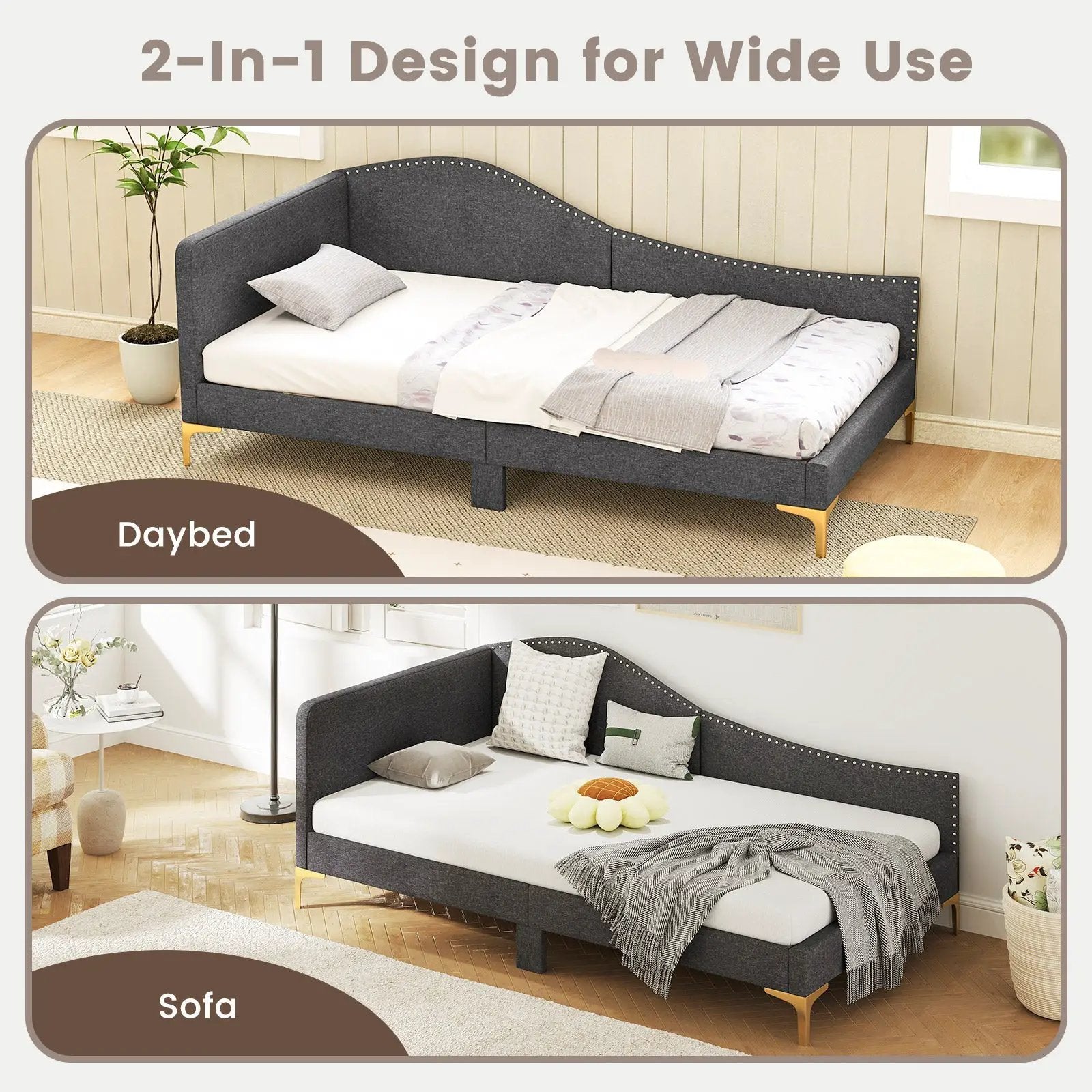 Full/Twin Size Rivet-Tufted Platform Bed with Metal Legs and Wood Slats by DirectDeals