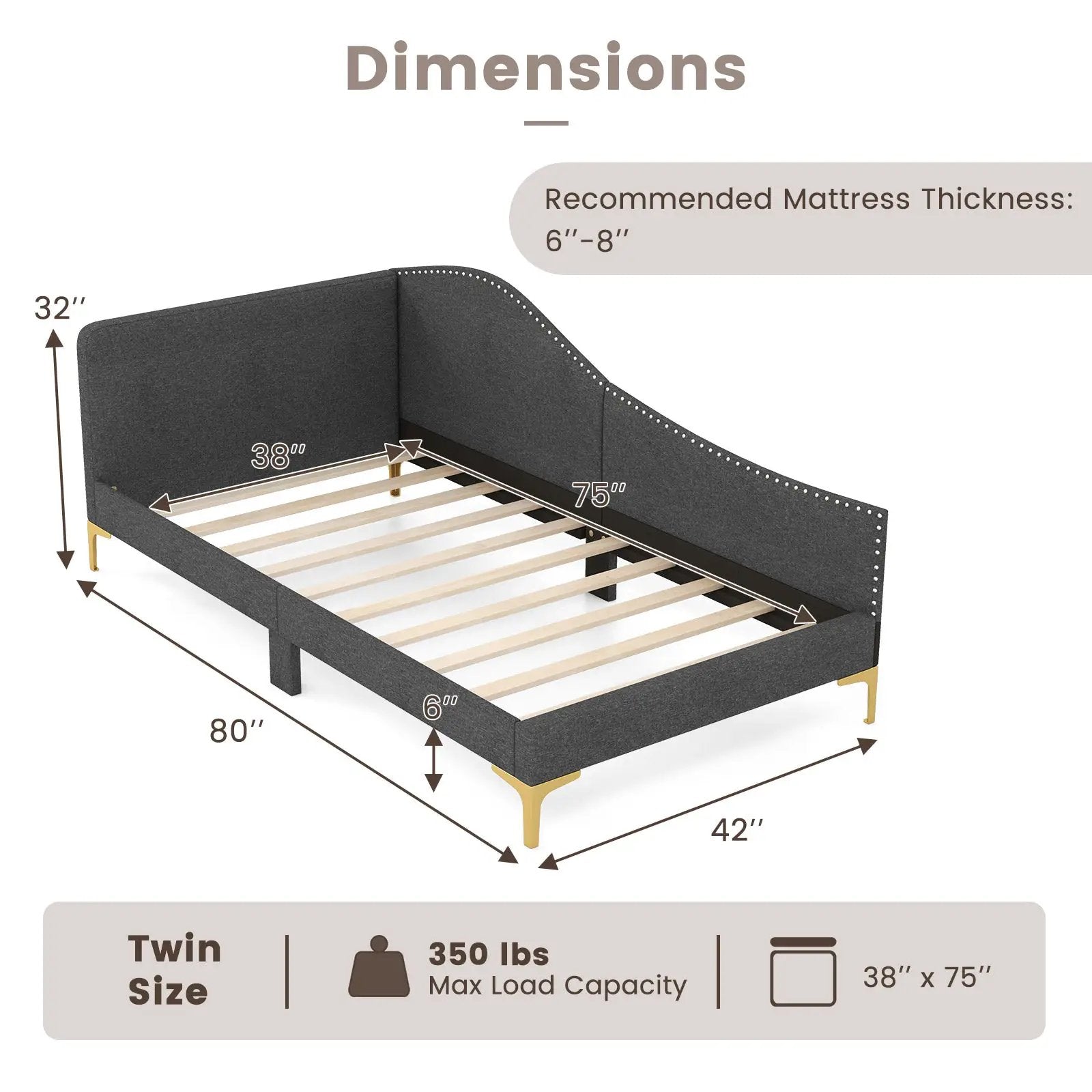 Full/Twin Size Rivet-Tufted Platform Bed with Metal Legs and Wood Slats by DirectDeals