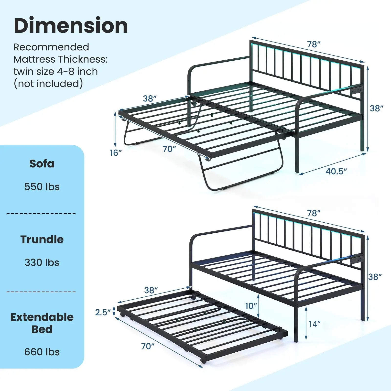 Twin Daybed with Charging Station and LED Lights-Black by DirectDeals