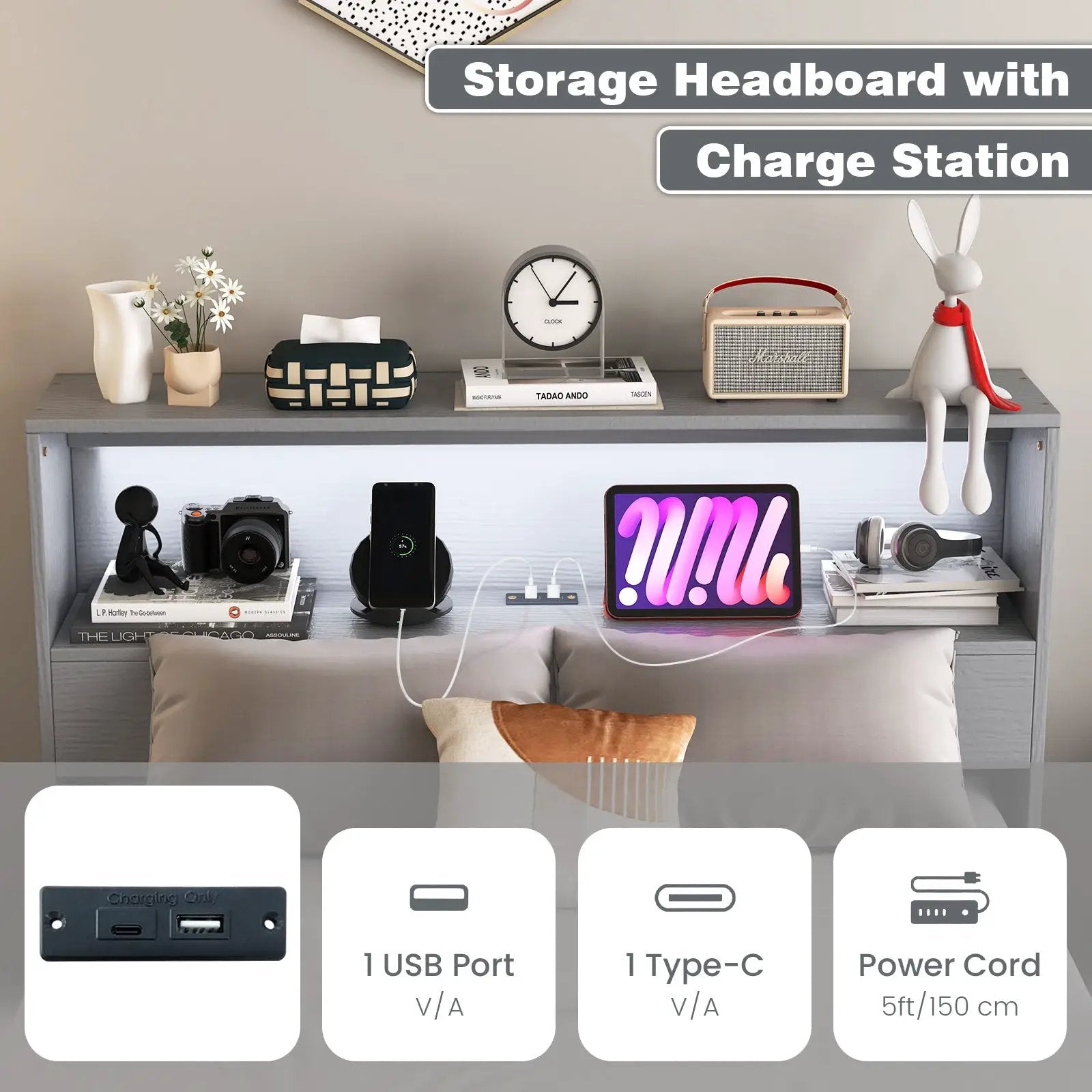 Twin Size Bed Frame with Storage Headboard and Charging Station by DirectDeals