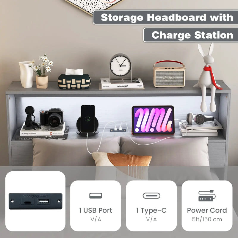 Twin Size Bed Frame with Storage Headboard and Charging Station by DirectDeals