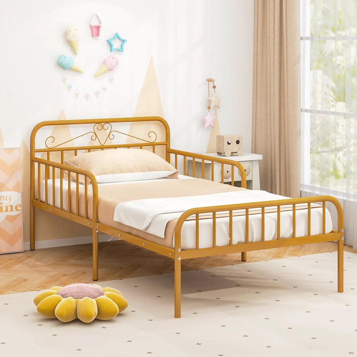 Twin Size Bed Frame with Headboard and Safety Side Guardrails