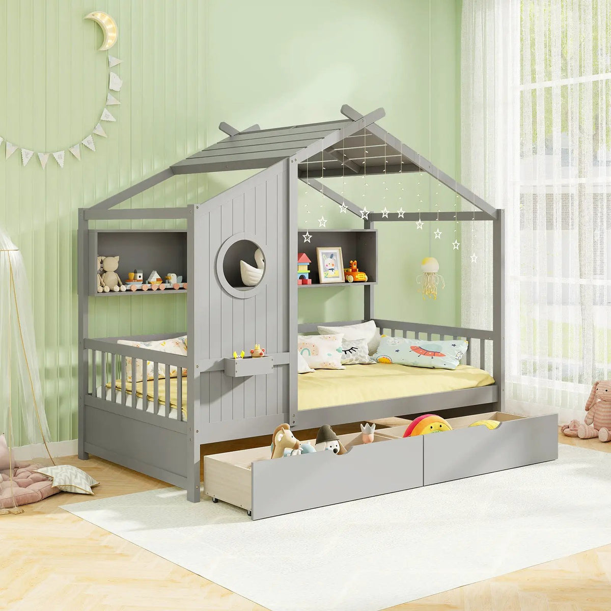 Twin Size House Bed with 2 Storage Drawers and Fence Guardrails, photo 2 of 9