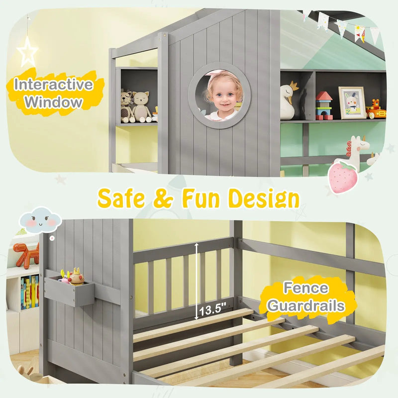 Twin Size House Bed with 2 Storage Drawers and Fence Guardrails by DirectDeals