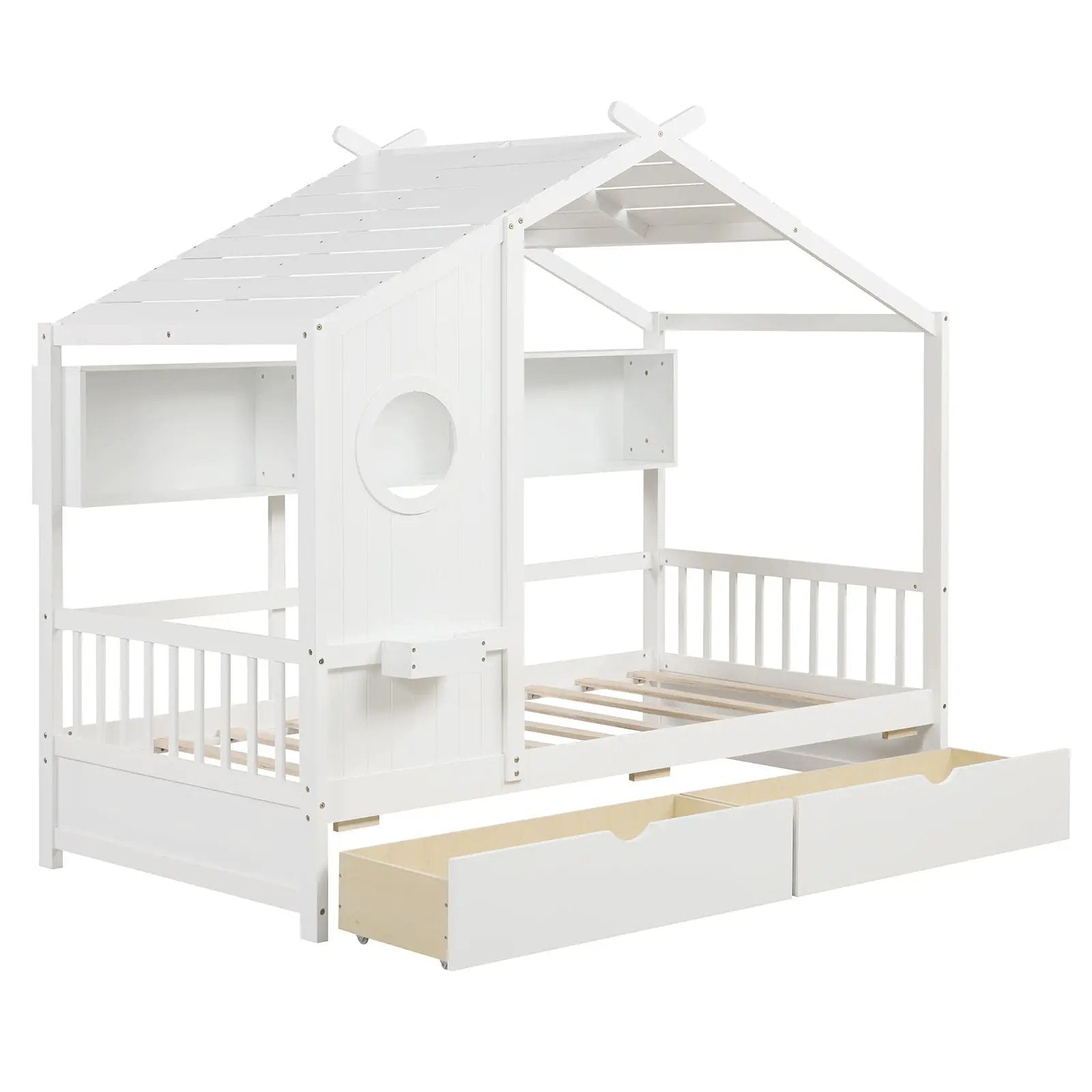 Twin Size House Bed with 2 Storage Drawers and Fence Guardrails by DirectDeals