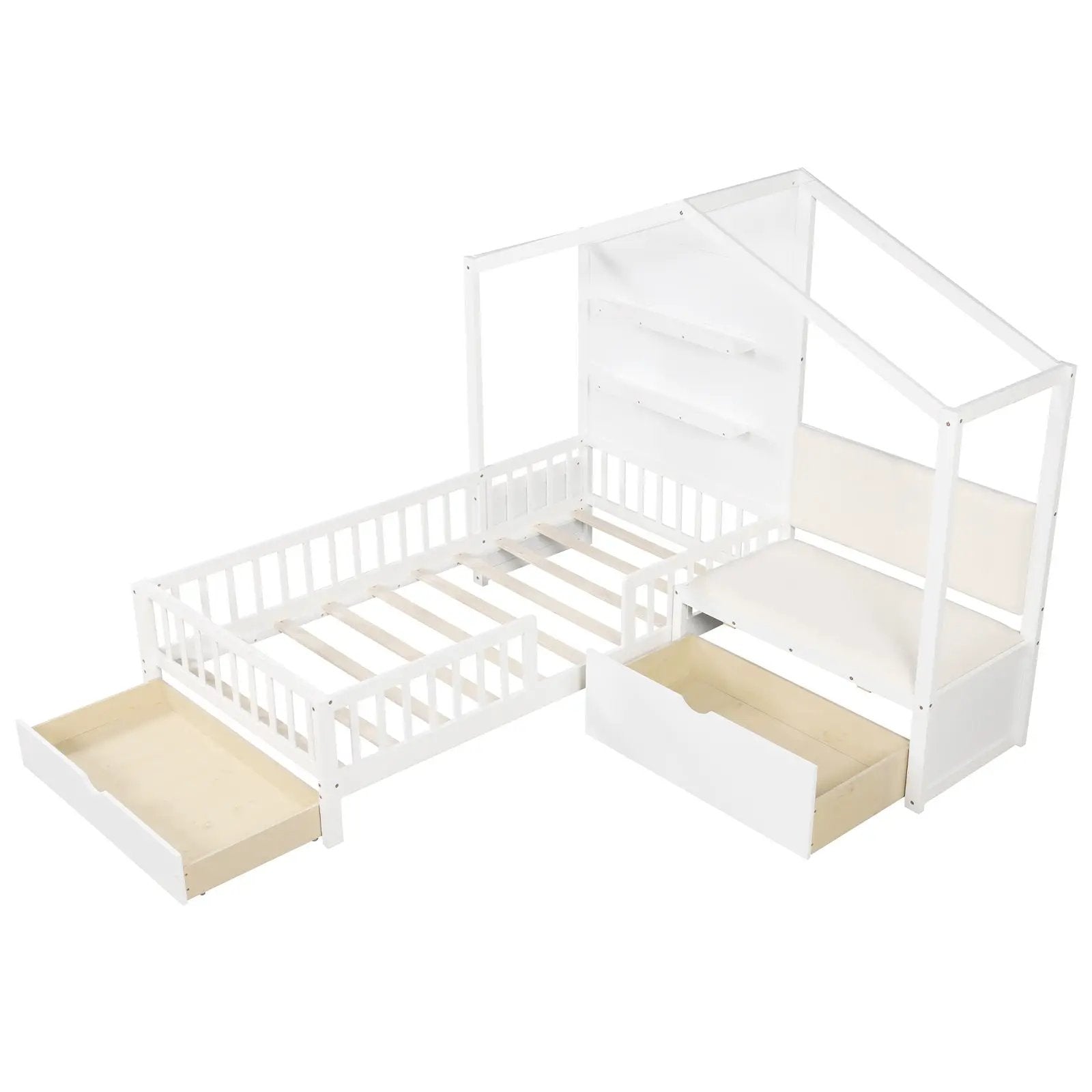 Twin Size House Bed Kids Platform Bed with Padded Bench-White by DirectDeals