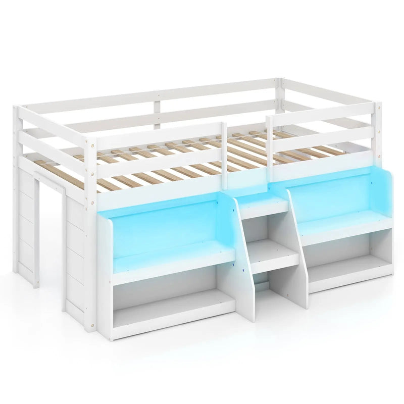 Twin Size Loft Bed with LED Lights with Staircase and Safety Guardrail by DirectDeals