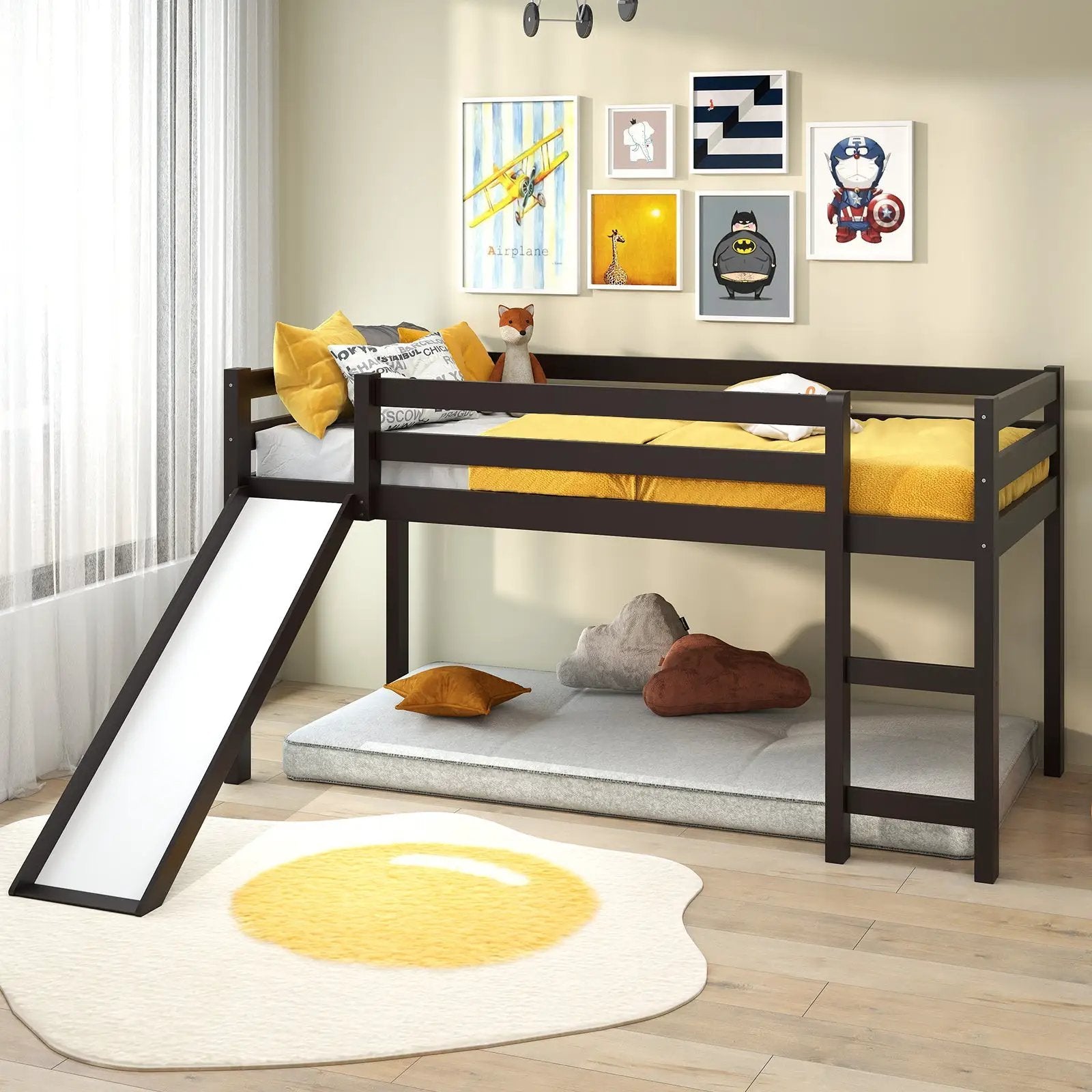 Twin Size Low Sturdy Loft Bed with Slide Wood by DirectDeals