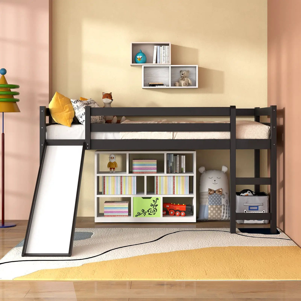 Twin Size Low Sturdy Loft Bed with Slide Wood, photo 2 of 9