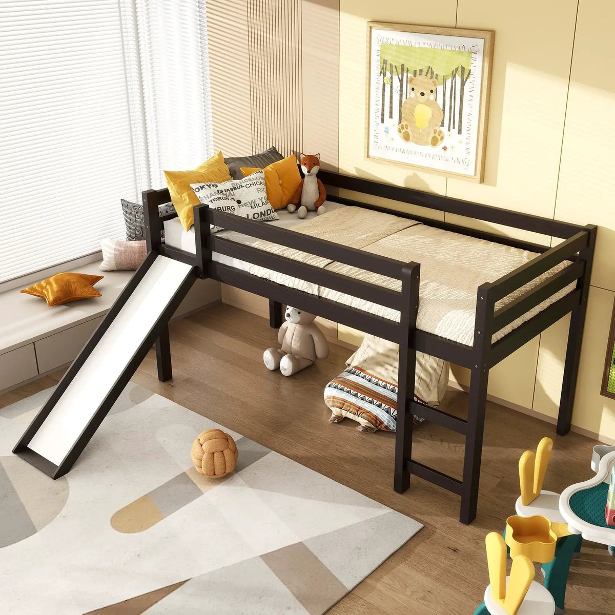 Twin Size Low Sturdy Loft Bed with Slide Wood, photo 5 of 9