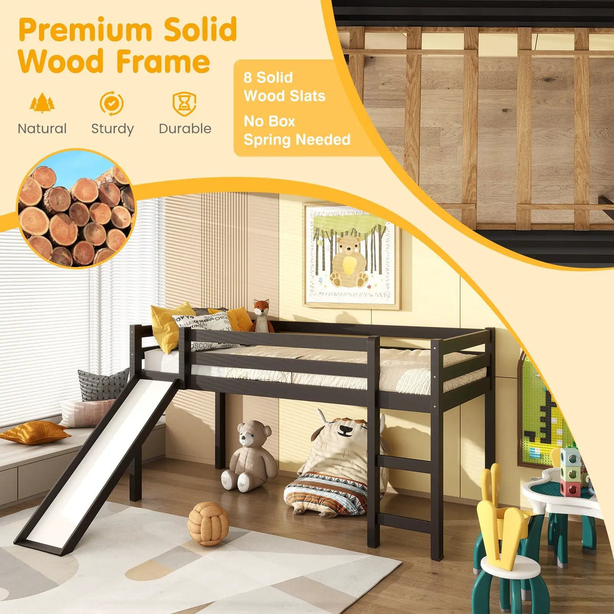 Twin Size Low Sturdy Loft Bed with Slide Wood, photo 6 of 9