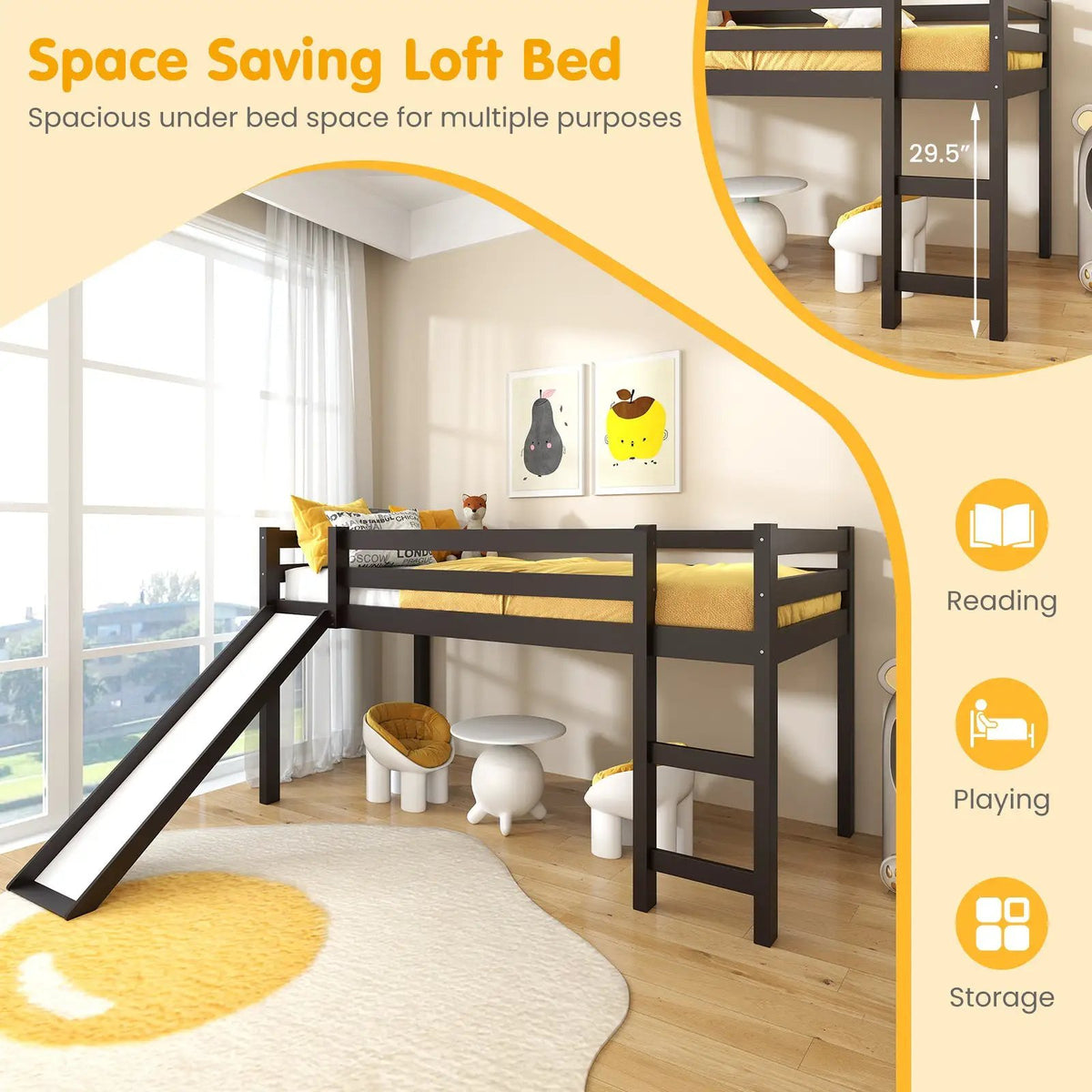 Twin Size Low Sturdy Loft Bed with Slide Wood, photo 7 of 9