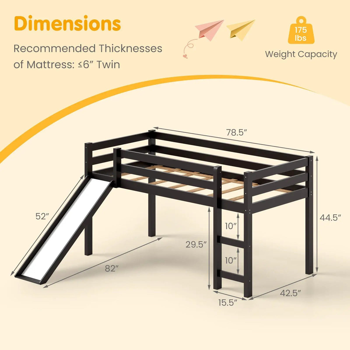 Twin Size Low Sturdy Loft Bed with Slide Wood, photo 4 of 9