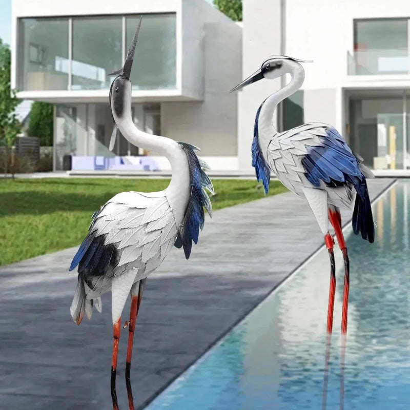 Two Pairs of Elegant White Crane Statues, with Head Up and Head Down Styles, Smooth Metal Design, Courtyard Villa Garden Decoration, Lawn and Gardening, Outdoor Bird Garden Decoration, Metal Crafts by House Of Avana