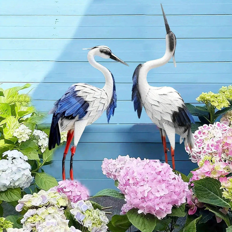 Two Pairs of Elegant White Crane Statues, with Head Up and Head Down Styles, Smooth Metal Design, Courtyard Villa Garden Decoration, Lawn and Gardening, Outdoor Bird Garden Decoration, Metal Crafts by House Of Avana