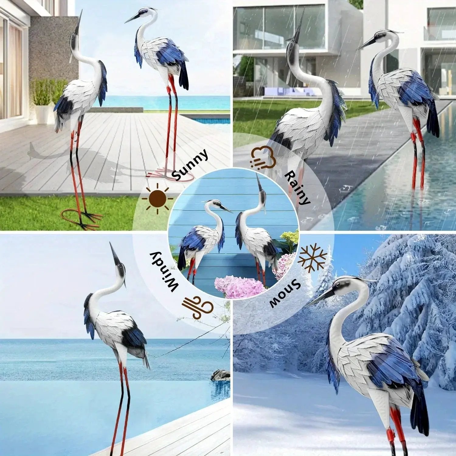 Two Pairs of Elegant White Crane Statues, with Head Up and Head Down Styles, Smooth Metal Design, Courtyard Villa Garden Decoration, Lawn and Gardening, Outdoor Bird Garden Decoration, Metal Crafts by House Of Avana