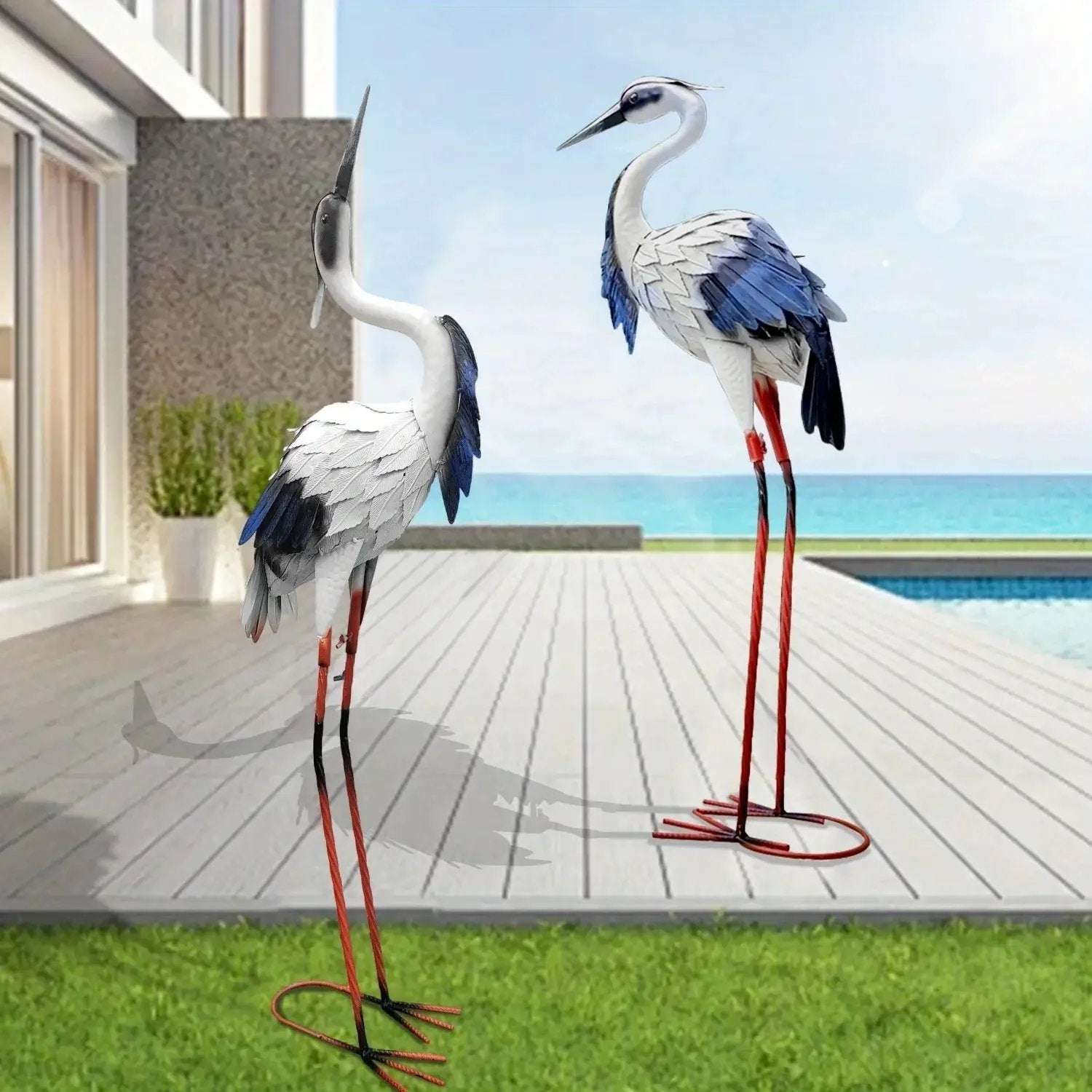 Two Pairs of Elegant White Crane Statues, with Head Up and Head Down Styles, Smooth Metal Design, Courtyard Villa Garden Decoration, Lawn and Gardening, Outdoor Bird Garden Decoration, Metal Crafts by House Of Avana