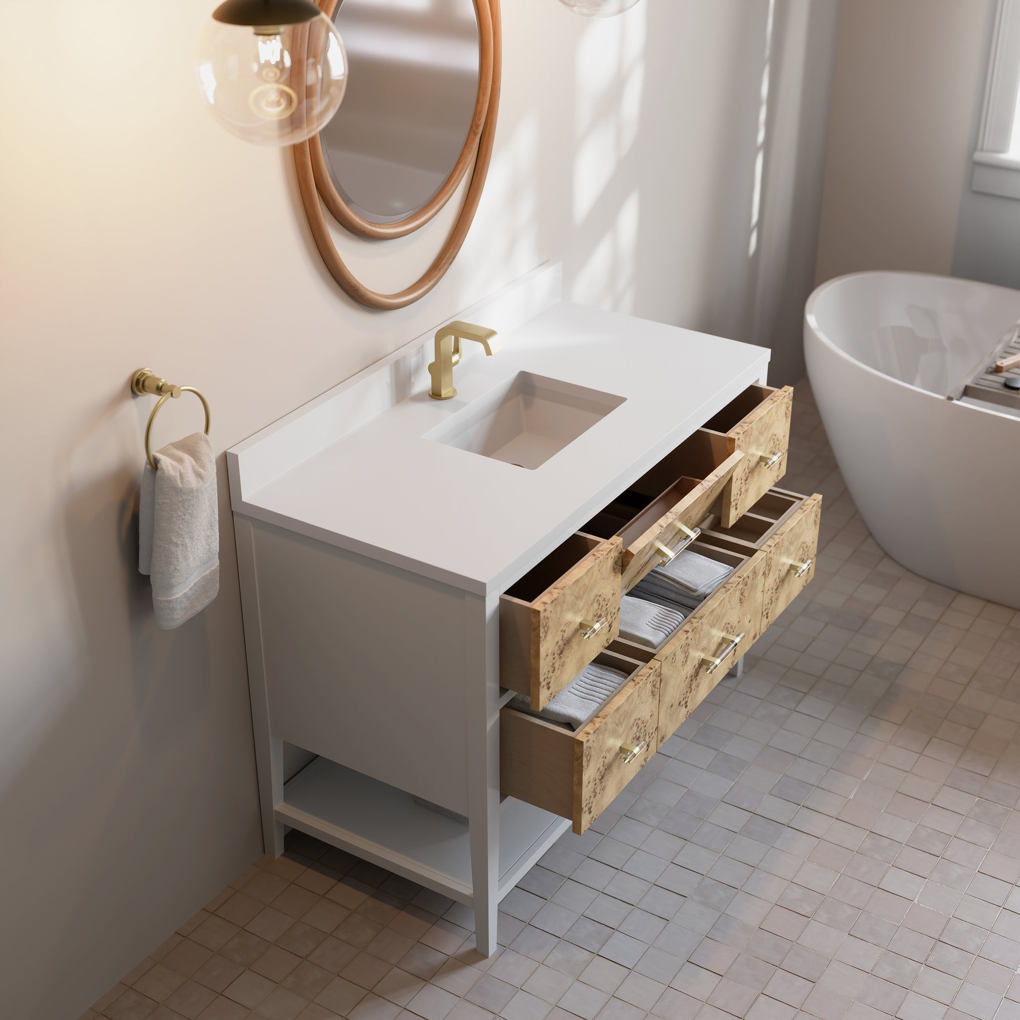 James Martin Olena 48" Single Bathroom Vanity, Polished White and Light Mappa Burl, view 26