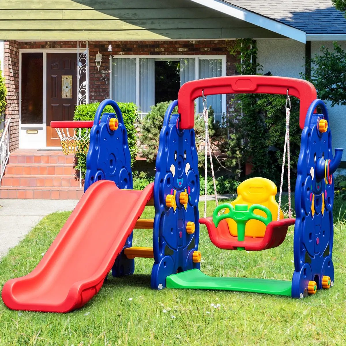3-in-1 Junior Children Freestanding Design Climber Slide Swing Seat Basketball Hoop by DirectDeals