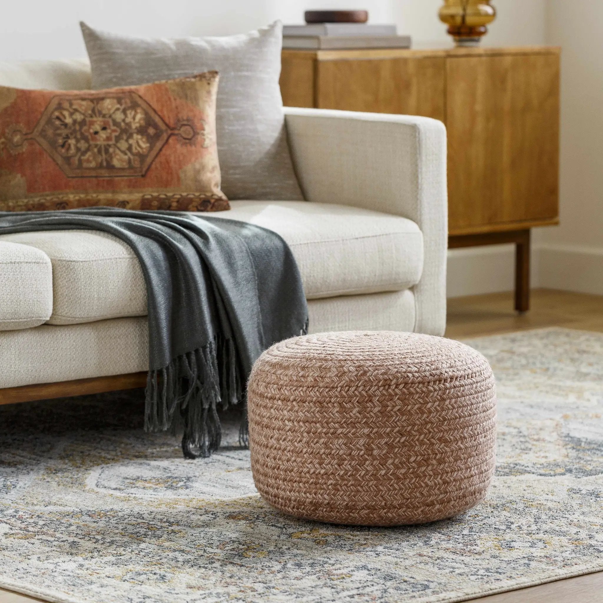 Tonanitla Natural Fiber Blush Knitted Outdoor Pouf by Boutique Rugs