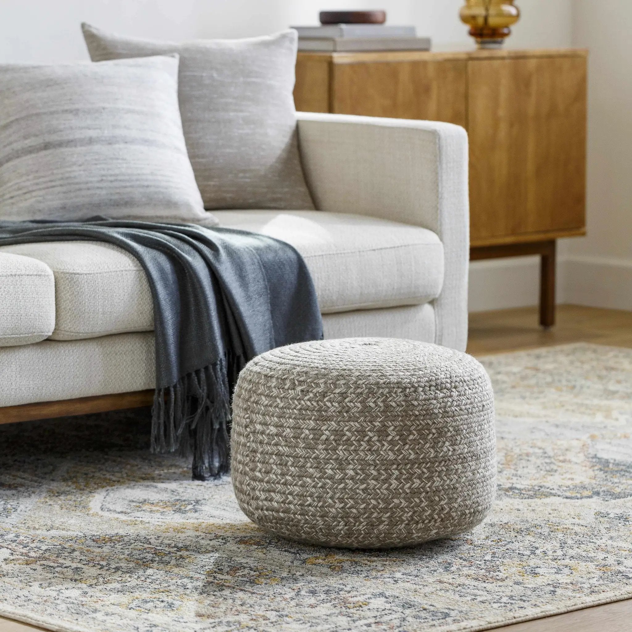 Tonanitla Natural Fiber Light Gray Knitted Outdoor Pouf by Boutique Rugs