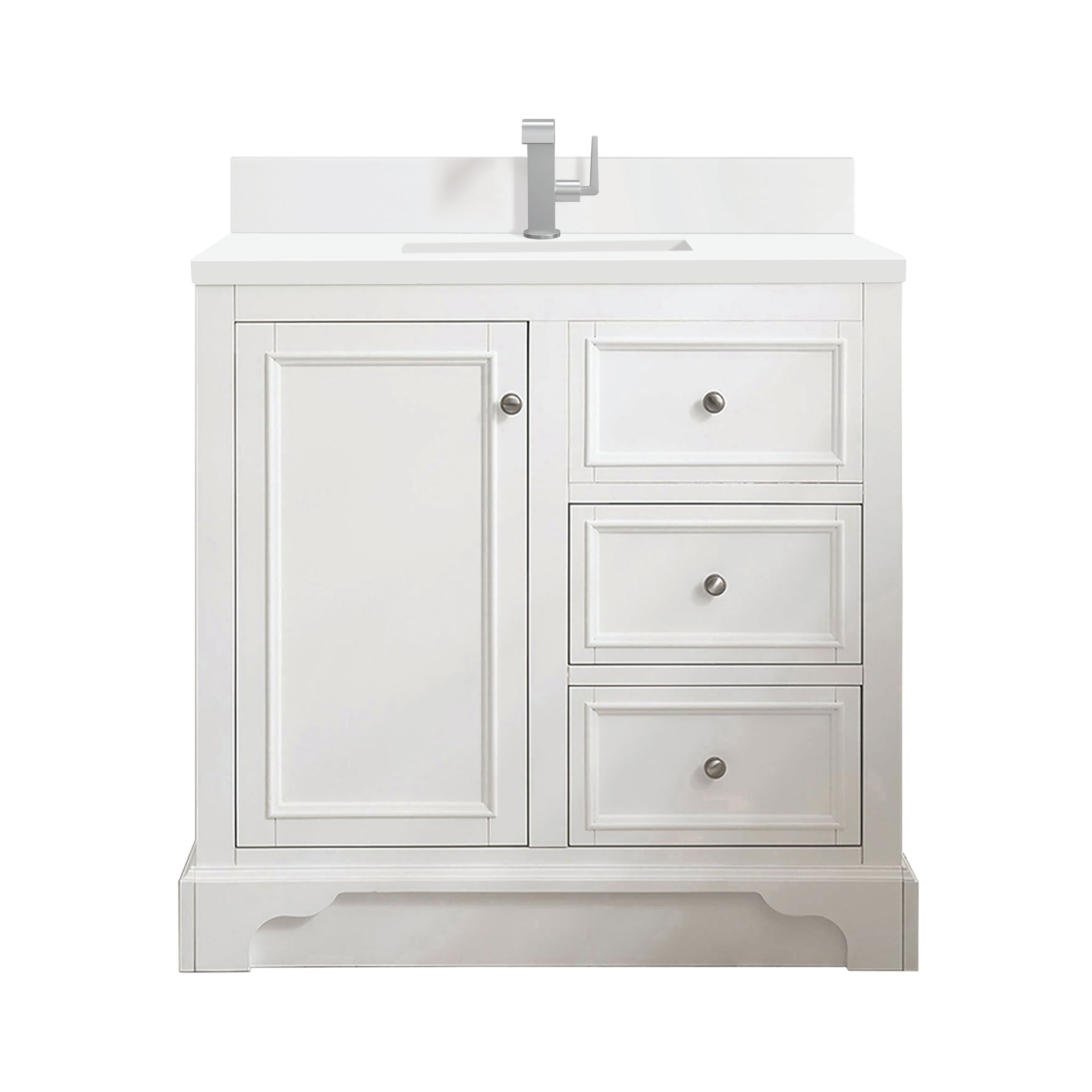 James Martin De Soto 36" Single Bathroom Vanity, Bright White with White Zeus (Single Hole, with Backsplash) countertop