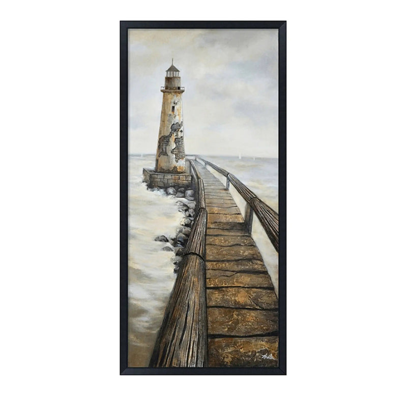 Hand Painted Acrylic Wall Art Vintage Light House 32 x 71 Rectangular Canvas with a Black Wooden Frame by Sharicks