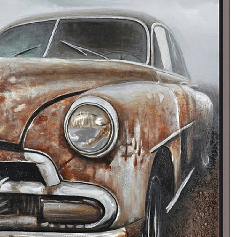 Hand Painted Acrylic and Aluminum 3D Wall Art Vintage Car 47 x 59 Rectangular Canvas with a Dark Brown Wooden Frame by Sharicks