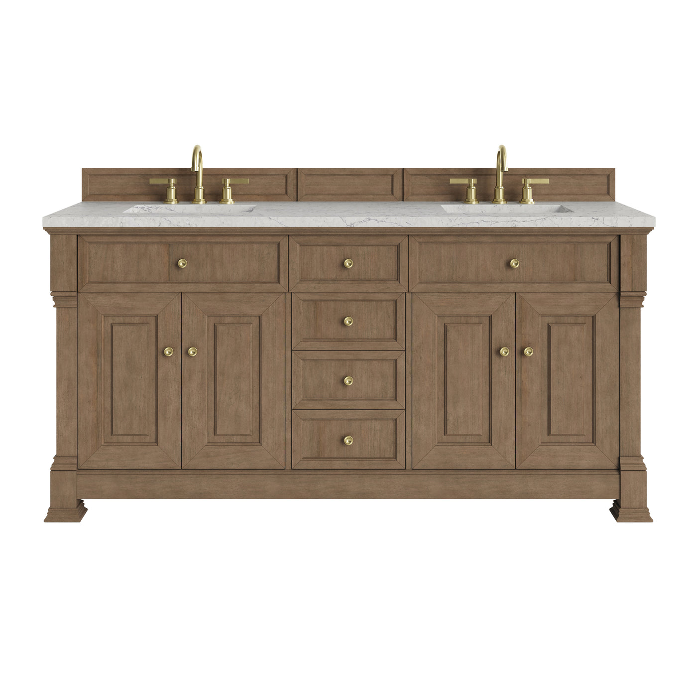 James Martin Brookfield 72" Double Bathroom Vanity, Pecan with Eternal Jasmine Pearl countertop