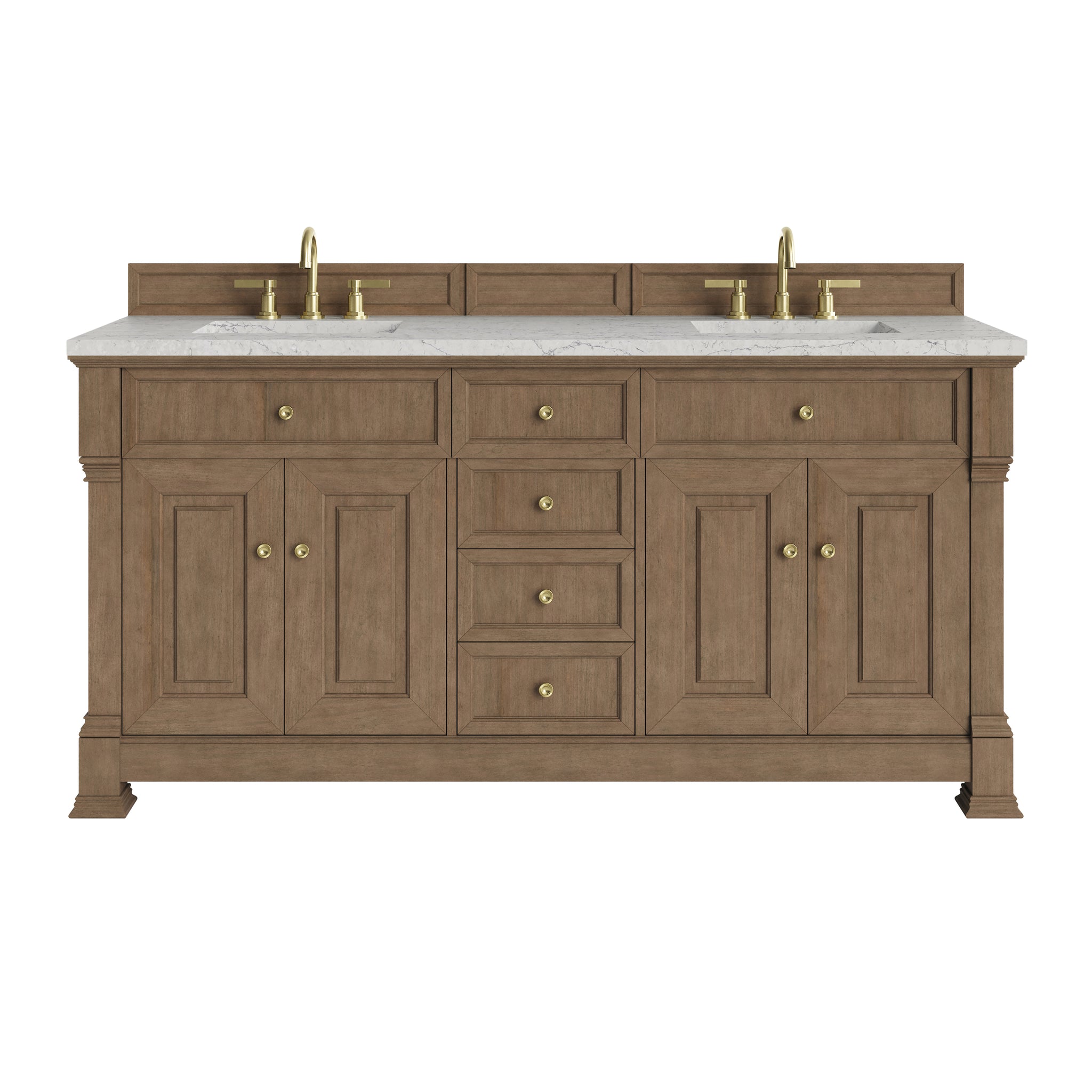 James Martin Brookfield 72" Double Bathroom Vanity, Pecan with Eternal Jasmine Pearl countertop