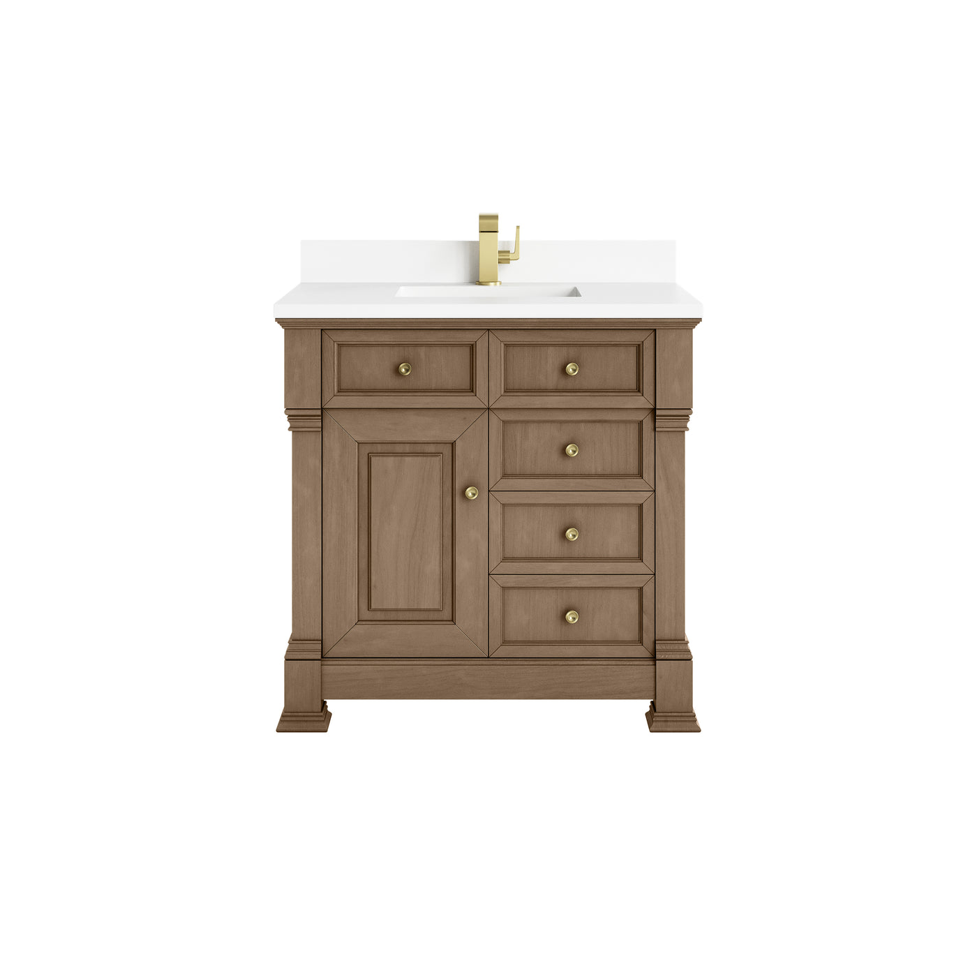 James Martin Brookfield 36" Single Bathroom Vanity, Pecan with White Zeus (Single Hole, with Backsplash) countertop