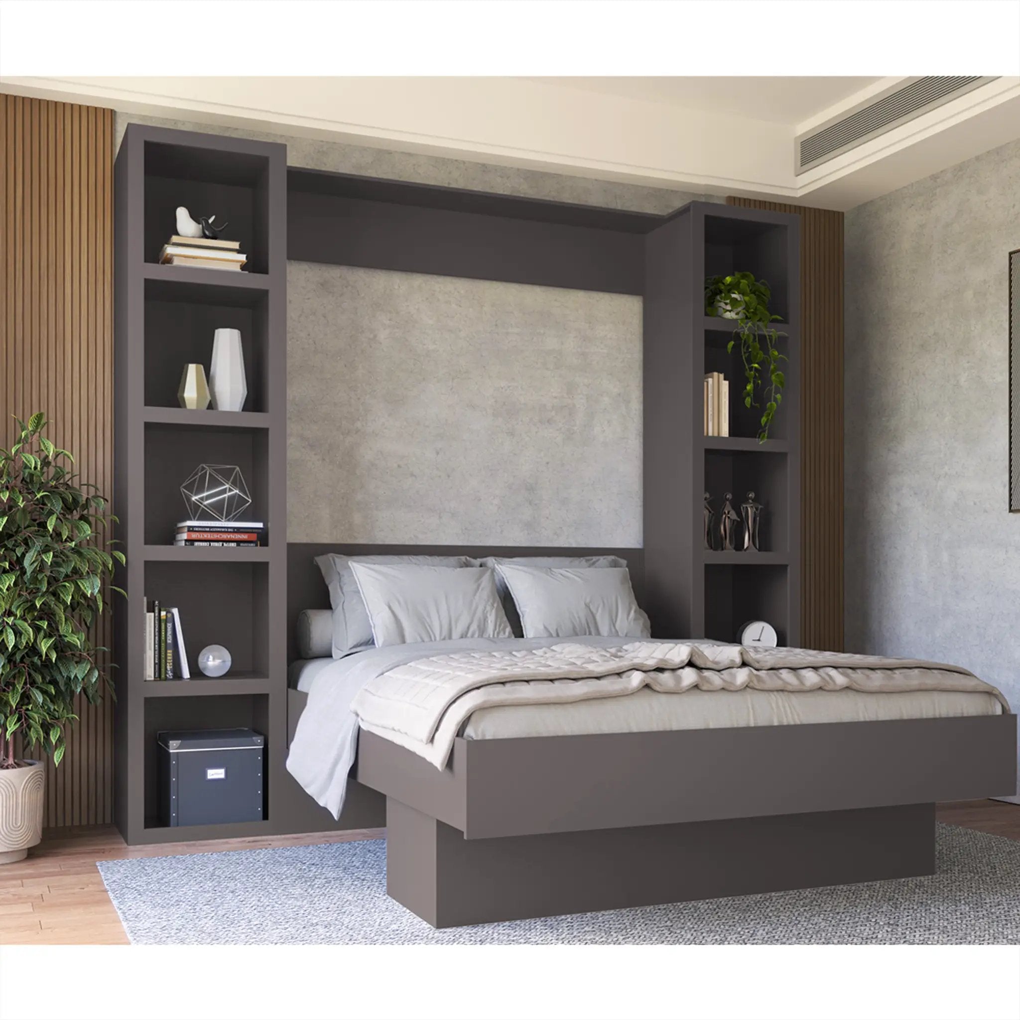 Easy-Lift Queen Murphy Wall Bed in Dark Grey with Two Bookshelves by Sharicks