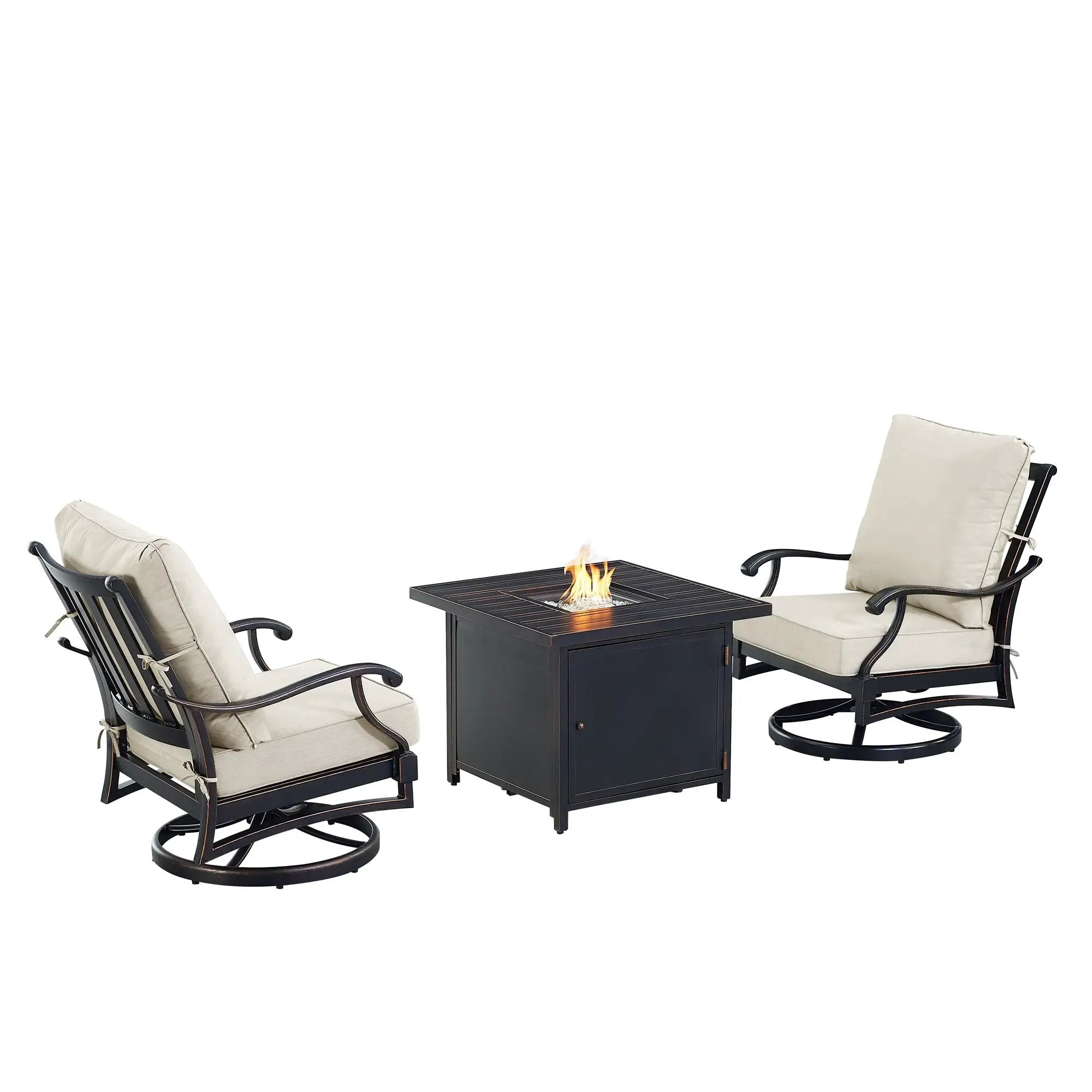 Black Aluminum Fire Table Bistro Set with Two Club Chairs by Sharicks