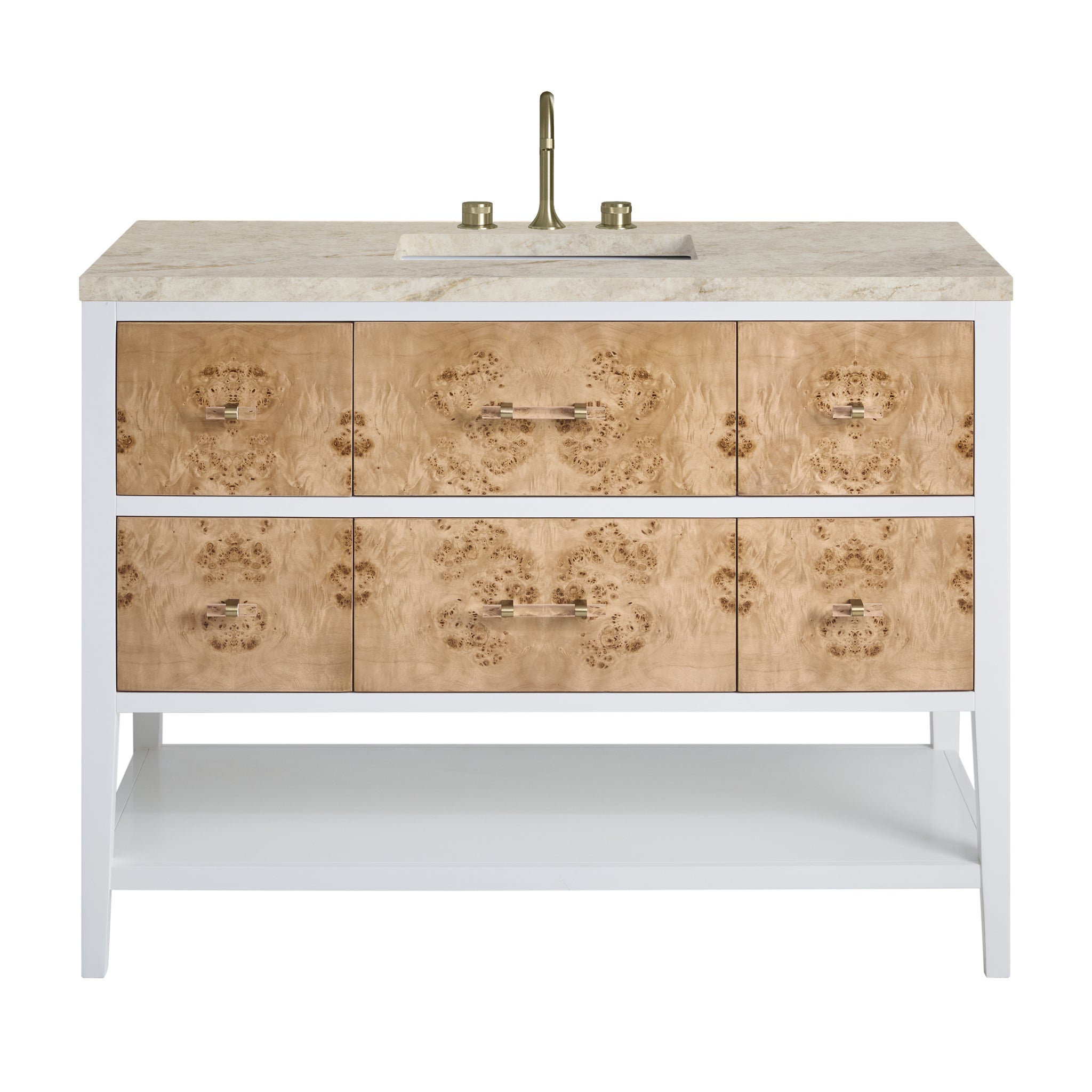 James Martin Olena 48" Single Bathroom Vanity, Polished White and Light Mappa Burl with Tajnar countertop